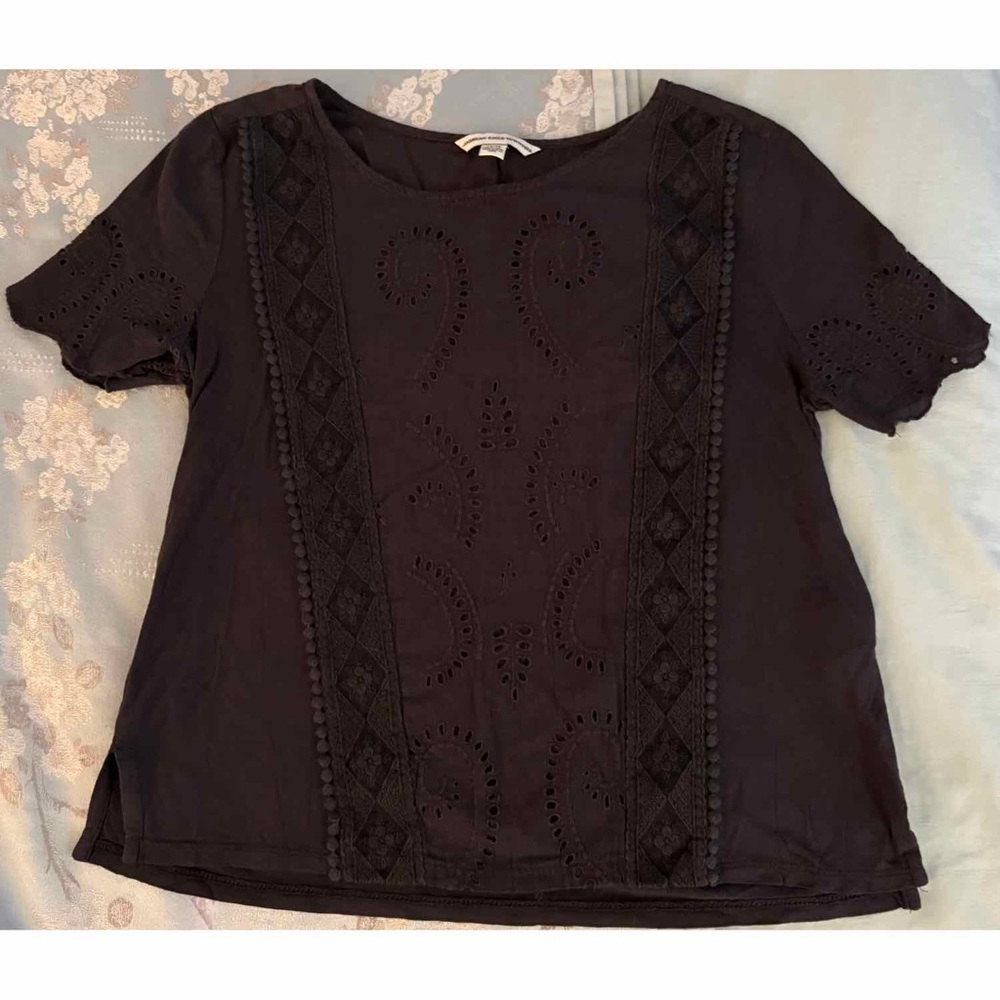 American Eagle Black Short Sleeve Embroidered Top with Eyelet Lace Detail